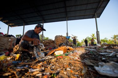 BALI, INDONESIA  APRIL 11: Poor from Java island working in a scavenging at the dump on April 11, 2012 on Bali, Indonesia. Bali daily produced 10,000 cubic meters of waste.